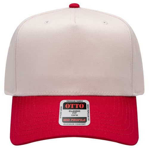 The Five-Panel in Red / Natural, Northwoods Pines on the front